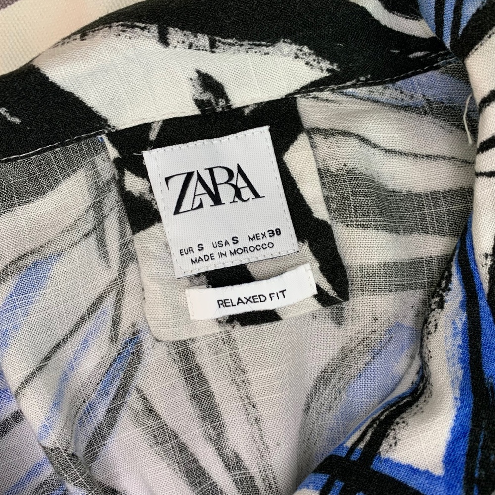 Zara Relaxed Fit Short Sleeve Button-Up Shirt   Blue and Black Palm Print Size S - Picture 12 of 15